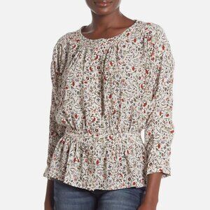 Frame Denim Off White Floral Silk Quarter Sleeve Blouse